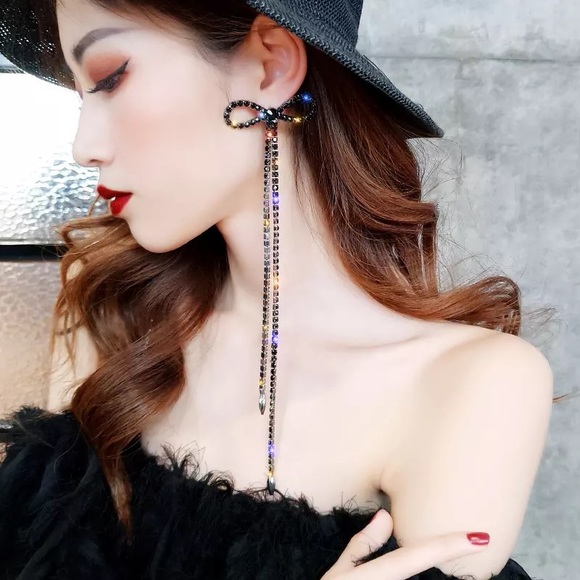 Jewelry - Black colored Rhinestone long Bow Earrings